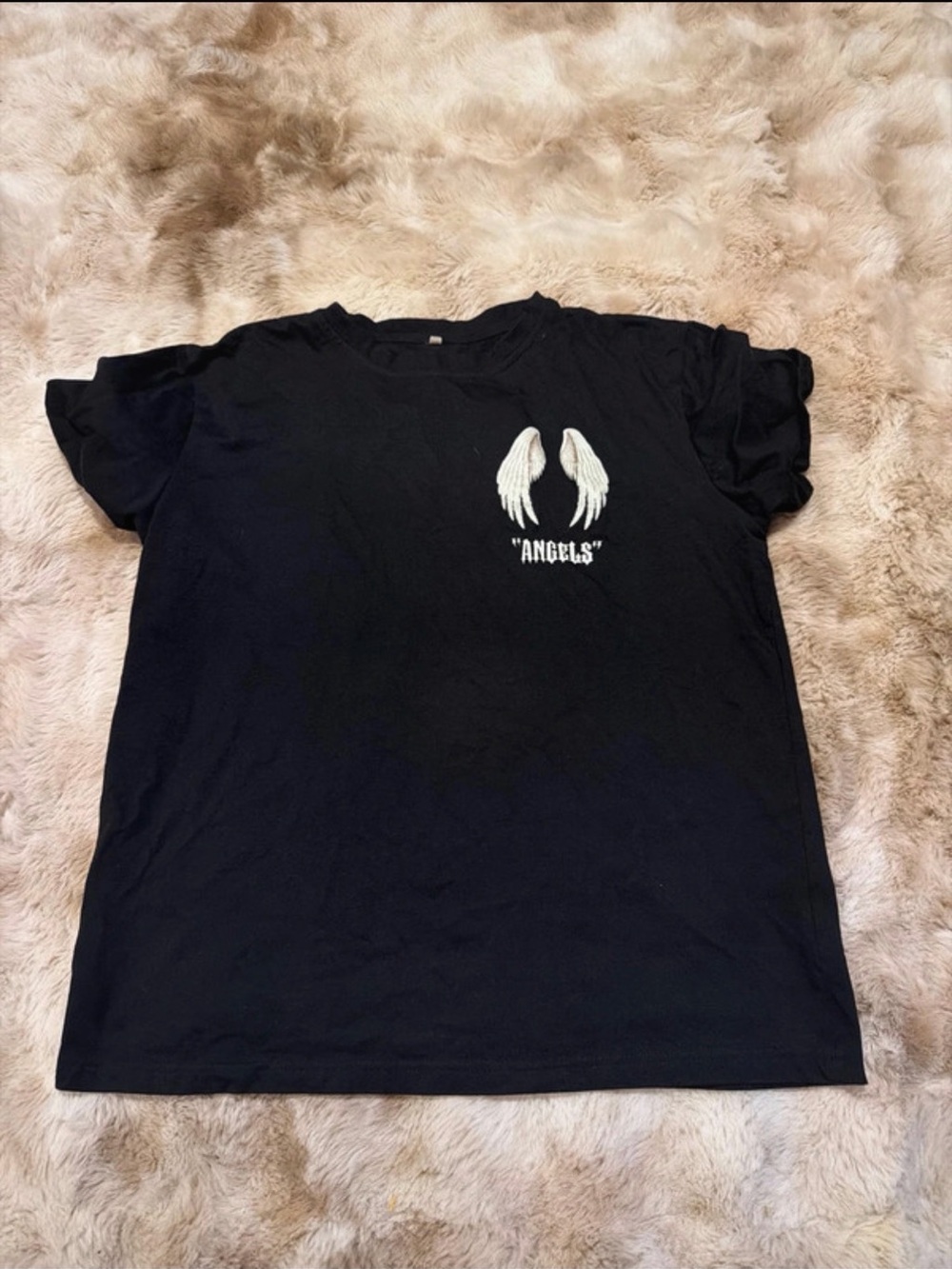 Source Unknown Black Tee with White Wing 'Angels' Graphic